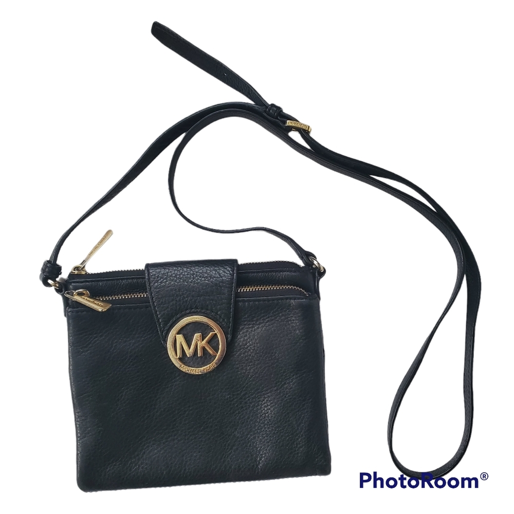 Michael Kors Fulton crossbody bag small black pebbled leather gold logo